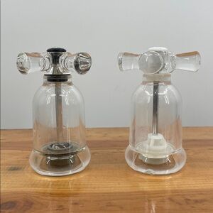 Vintage Cole & Mason Glass Salt & Pepper Grinder Set Faucet Handle Design